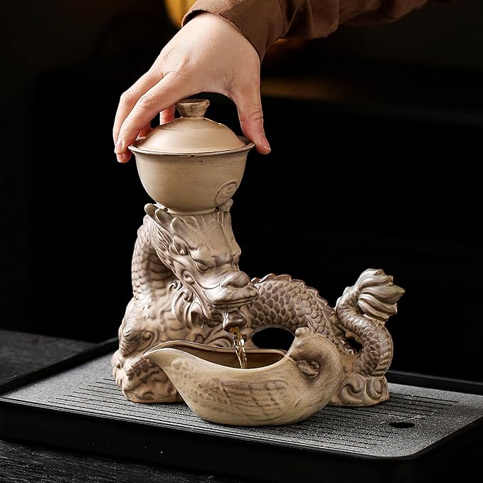 Ceramic Teapot with Infuser Semi Automatic Tea Set Magic Teapot with 8 cups Gradient Color (Retro Dragon- C)