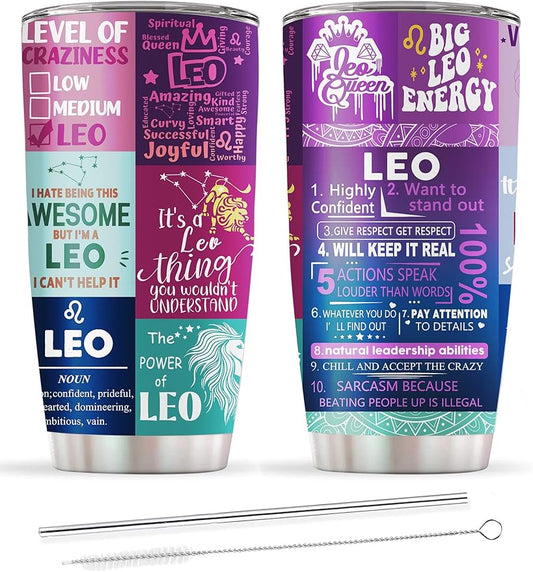 Leo Gifts for Women,Leo Birthday Gifts, Astrology Gothic Witchy Constellation Insulated Tumbler With Lid Straw Purple Coffee Mug 20 OZ