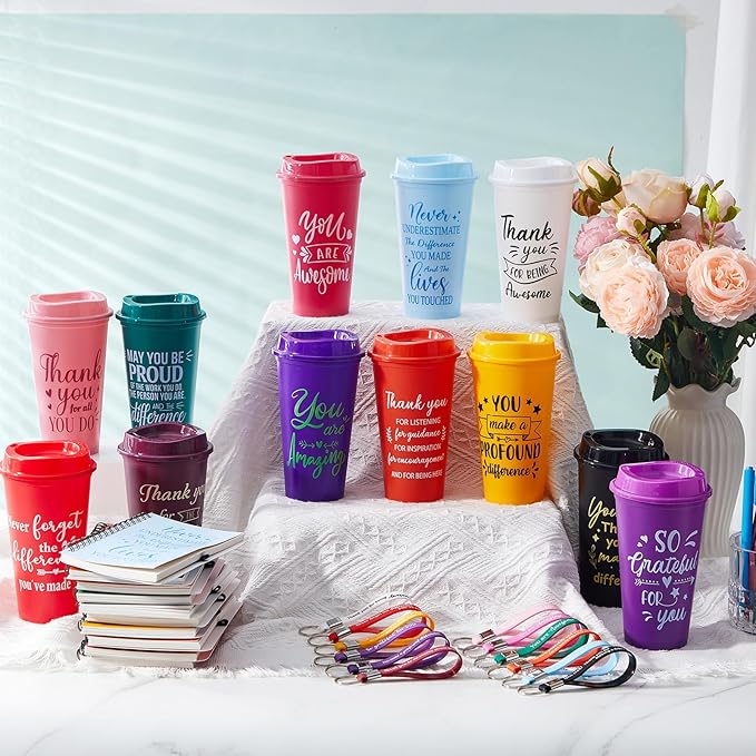 Skylety 12 Set/48 Pcs Employee Appreciation Gifts Bulk Christmas Thank You Gift Set 16 oz Coffee Cups Mini Spiral Notebooks Pens Keychains for Staff Team Teacher Coworker (Classic Color)