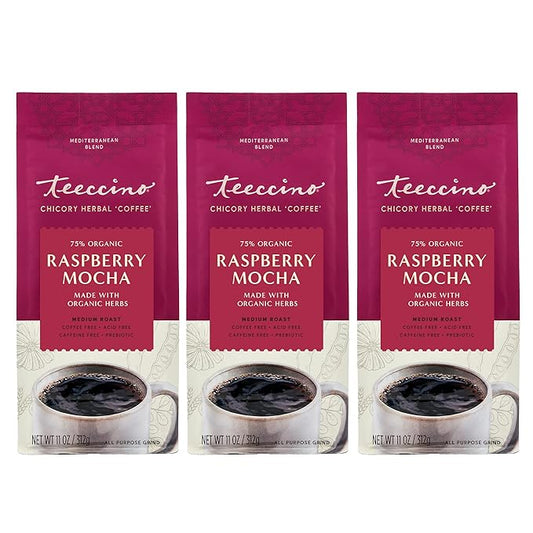 Teeccino Raspberry Mocha Chicory Coffee Alternative - 11 Ounce - Ground Herbal Coffee That’s Prebiotic, Caffeine Free & Acid Free, Dark Roast, (Pack of 3)
