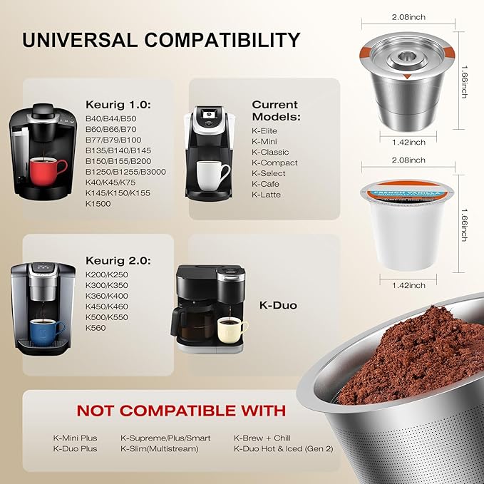 Reusable K Cups Coffee Pods for Keurig: Full Stainless Steel Refillable K Cups Coffee Filter Compatible 1.0 and 2.0 Coffee Makers-brewers (2Pack)