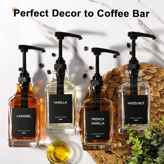 GMISUN Coffee Syrup Dispenser, 16.9 fl oz Syrup Pump Dispenser for Coffee Bar Accessories, Square Glass Syrup Bottle for Coffee Bar Essentials, Simple Maple Syrup Bottles with ¼oz Large Capacity Pump