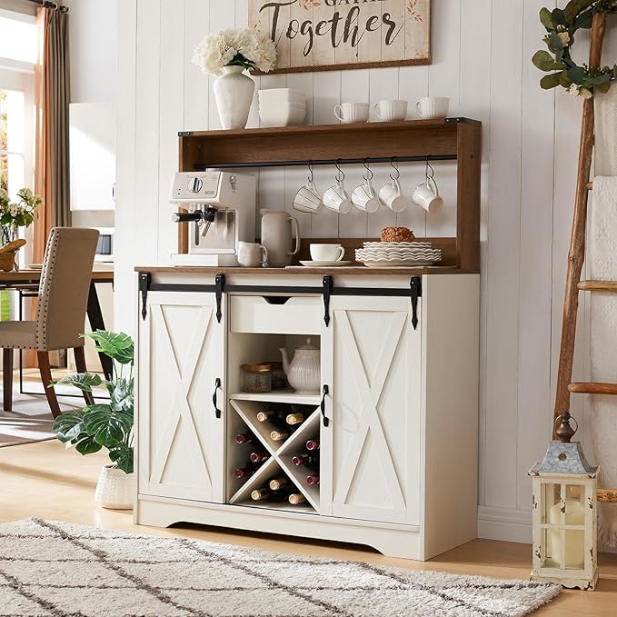 Wnutrees Farmhouse Coffee Bar Cabinet with Charging Station and USB Ports, Sliding Barn Door, 39" Kitchen Hutch Sideboard Buffet Storage Cabinet, Fits Kitchen Dining Living Room, White