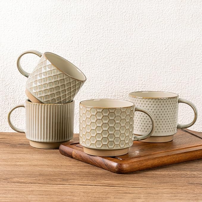 GBhome 15OZ Stackable Coffee Mugs, Ceramic Coffee Mugs with Texture Patterns for Man,Woman,Dad,Mom, Modern Coffee Mugs Set of 4 for Latte/Cappuccino/Cocoa. Dishwasher&Microwave Safe, Pale Khaki