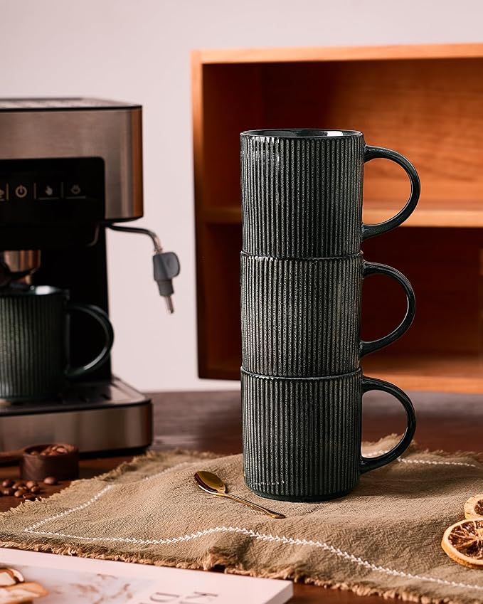 famiware Coffee Mug Set for 8, Star 12 oz Catering Mugs Cup Set with Handle for Coffee, Tea, Cocoa, Milk - Ceramic Stoneware Drinkware Set, Deep Forest