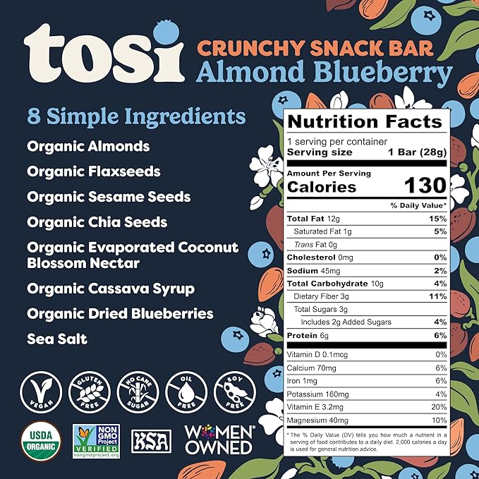 Tosi Nut Bars, Almond Blueberry, Healthy Snacks for Adults & Kids, Plant Based Crunchy Bars (6G Protein), Organic Keto Snacks, Vegan, Gluten & Soy Free, Low Sugar, Omega 3s, 1oz, 12-Pack