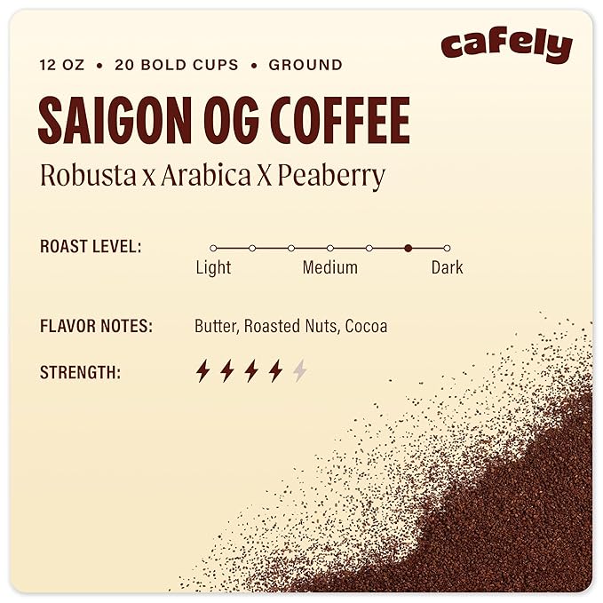 Cafely Vietnamese Awakening Coffee Trio - Ground Coffee Variety Pack (BanMe Peaberry, Hanoi Robusta, Saigon Blend) - Dark Roast, High Caffeine, Low Acid, Direct Trade, For French Press - 3x12oz