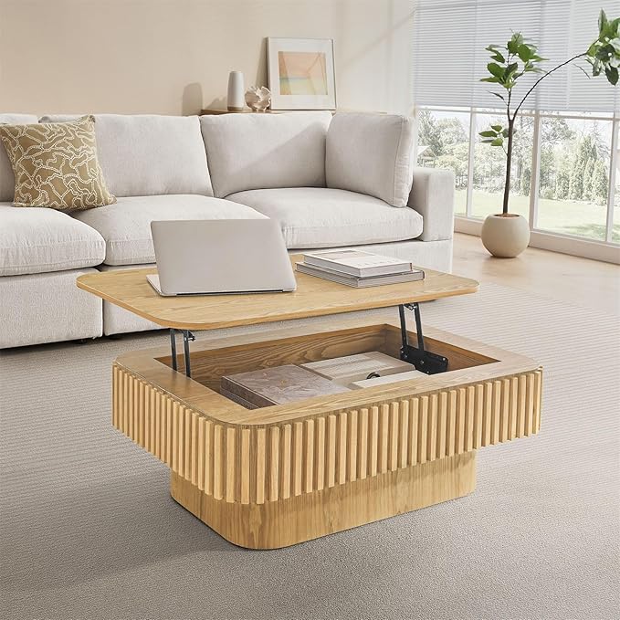 SZTHHDF Lift Top Coffee Table for Living Room,Rectangle Handmade Solid Wood Strips, Fluted Coffee Table with Hidden Storage Compartment Small Space Office Apartment (38.6" L×26.8''W×13.8''H-Natural)