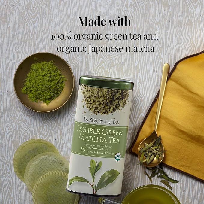 The Republic of Tea - Organic Double Green Matcha Tea Super Refill, Naturally Caffeinated Japanese Green Tea Powder and Leaves, Steeps 100 Cups