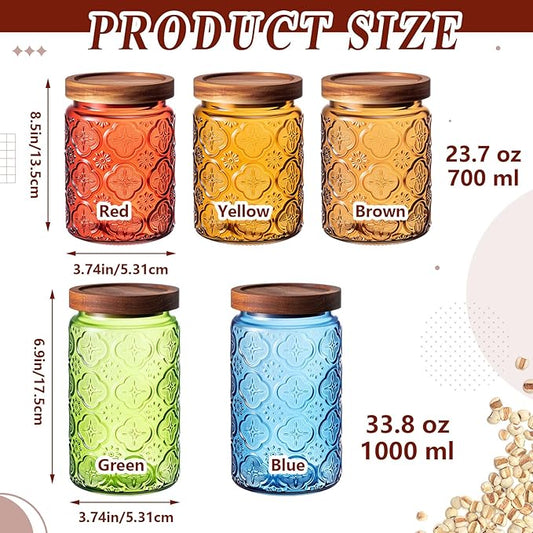 Outus 5 Pcs 23.7 oz, 33.8 oz Vintage Glass Jar with Lids Colored Glass Canisters Jars with Airtight Wooden Lids for Kitchen Counter Flour Sugar Cookie Coffee Tea Storage Containers