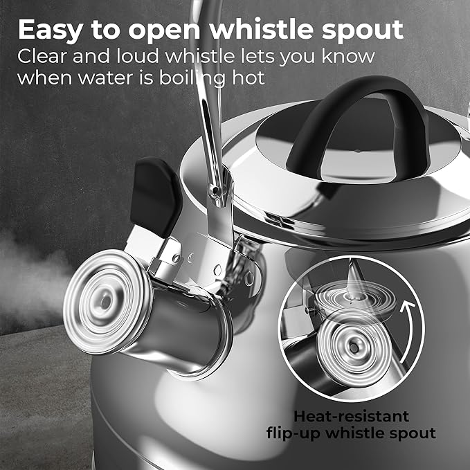 Stovetop Whistling Tea Kettle – 2.4 QT Stainless Steel Teapot with Ergonomic Handle, Fast Heating for Gas, Electric & Induction Stoves – Shiny Finish, Silver