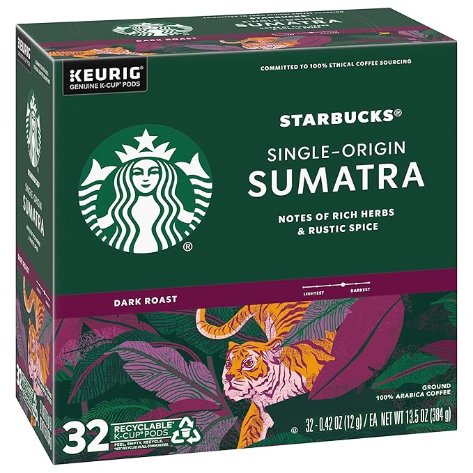 Starbucks Coffee K-Cup Pods, Sumatra Single-Origin Coffee, Dark Roast Ground Coffee, Keurig Genuine K-Cup Pods, 32 Count (Pack of 4)