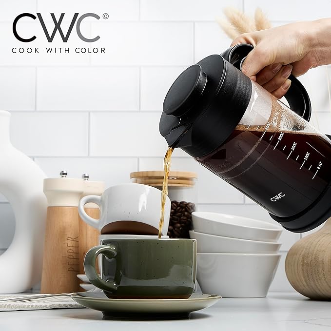 COOK WITH COLOR Cold Brew & Tea Maker - High Borosilicate Glass, PP Handle and Cover, 304 Stainless Steel Filter, TPR Base - Black