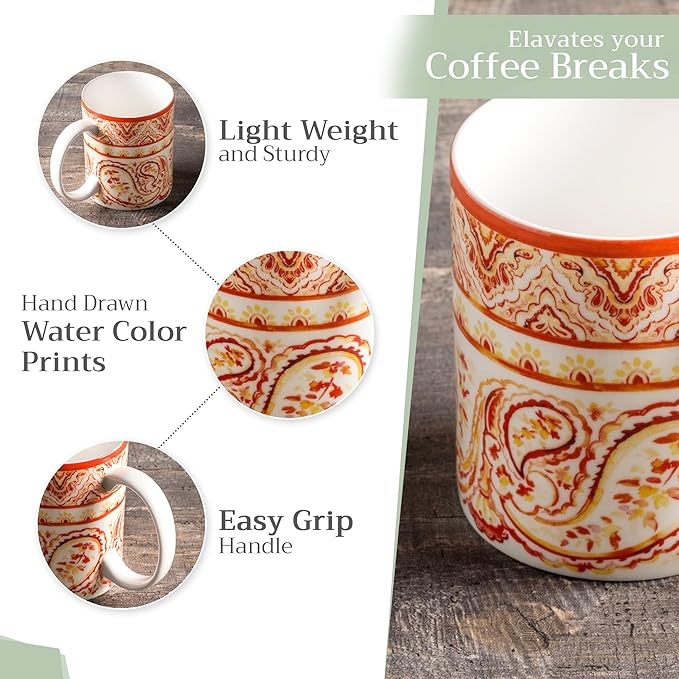 Maison d' Hermine Coffee Mug with Handles Fine Bone China Mugs Pack of One Tea Cups for Hot Beverages Cappuccino Latte Home Office Perfect for Gift (Palatial Paisley - Paisley Autumn, 15 Ounce)