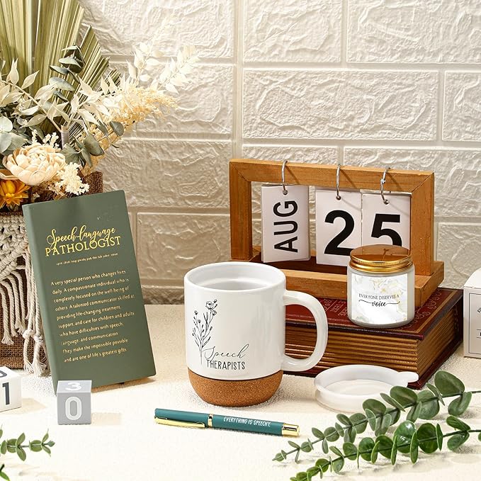 4 Pcs Speech Therapist Gift Set Therapy Speech Language Pathologist Gift for Men Women Slp Thank You Appreciation Notebook Coffee Mug Scented Candle Ballpoint Pen for Therapist Coworker