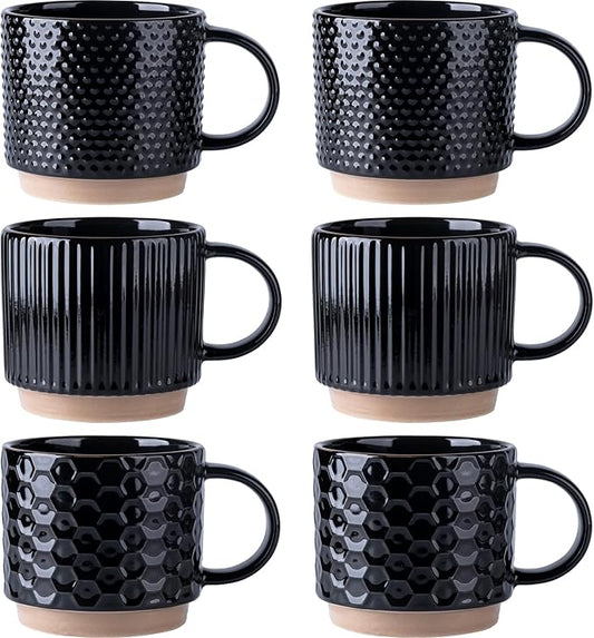 GBhome 12OZ Stackable Coffee Mugs Set of 6, Ceramic Coffee Mugs with Texture Patterns for Man,Woman,Dad,Mom, Modern Coffee Cups for Latte/Cappuccino/Cocoa. Dishwasher&Microwave Safe, Black