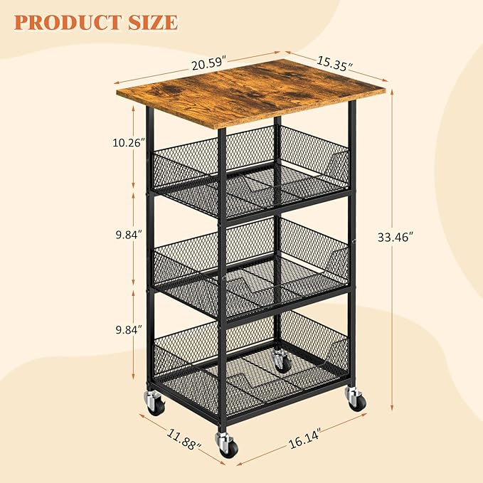 Kitchen Microwave Cart with Fruit Baskets, 4 Tier Microwave Table Stand with Storage, Kitchen Storge Shelf on Wheels Small Rolling Cart Organizer Rack for Pantry, Living Room, Bathroom