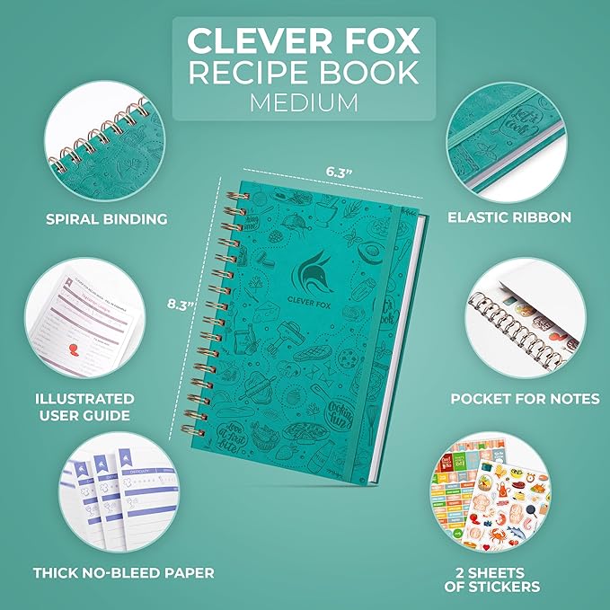 Clever Fox Recipe Book Spiral – Make Your Own Family Cookbook – Blank Recipe Notebook Organizer – Empty Cooking Journal to Write In Recipes – Medium Size, 6.3”x8.3”, Hardcover (Turquoise)