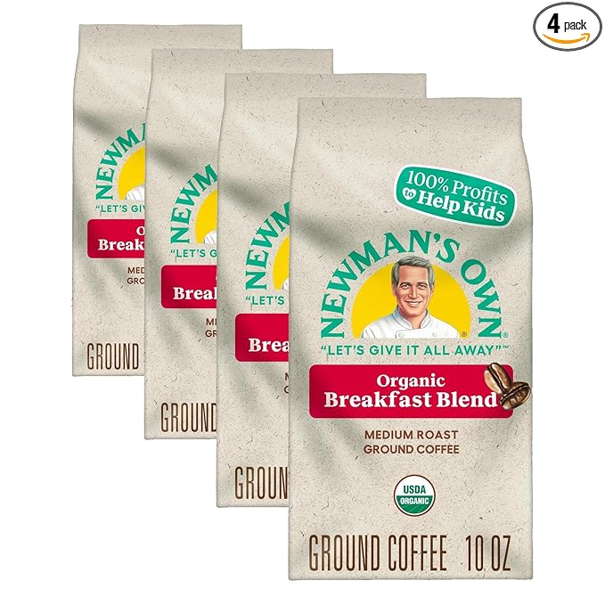 Newman's Own Organics Breakfast Blend,Ground Coffee,Fair Trade Certified,Medium Roast,Bagged 10oz,(Pack of 4)