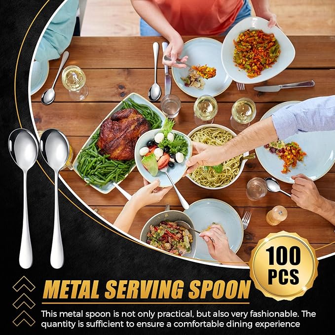 Nuogo 100 Pieces Soup Spoons Set Stainless Steel Spoons Silverware Dessert Dinnerware Bulk Metal Dinner Dinnerware Mirror Polished Tablespoon for Home Restaurant Kitchen Dishwasher Safe