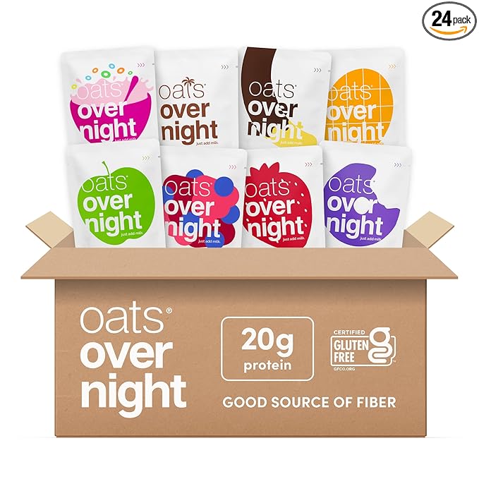 Oats Overnight Fruit Variety Pack - High Protein, High Fiber Breakfast Protein Shake - Gluten Free Oatmeal, Non GMO High Protein Oatmeal - Fruity Cereal, Chocolate Covered Banana & More (24 Pack)