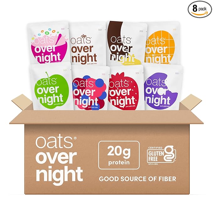 Oats Overnight Fruit Variety Pack - High Protein, High Fiber Breakfast Protein Shake - Gluten Free Oatmeal, Non GMO High Protein Oatmeal - Fruity Cereal, Chocolate Covered Banana & More (8 Pack)
