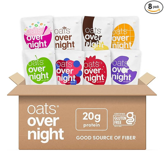 Oats Overnight Fruit Variety Pack - High Protein, High Fiber Breakfast Protein Shake - Gluten Free Oatmeal, Non GMO High Protein Oatmeal - Fruity Cereal, Chocolate Covered Banana & More (8 Pack)