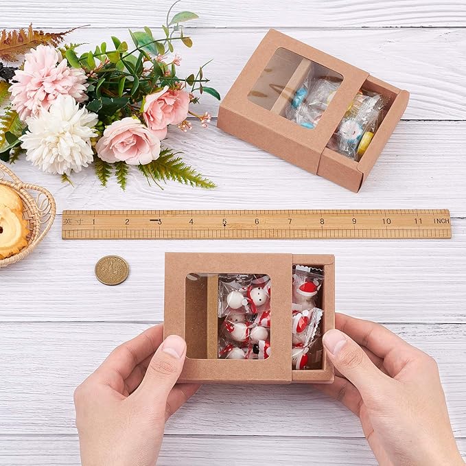 BENECREAT 20 Packs 3.5x3.5x1.2 Square Kraft Paper Gift Boxes Drawer Box with PVC Window Lid for Birthday Party Favor Treats Bakery and Candy