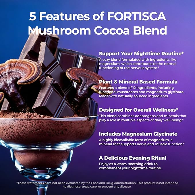 Mushroom Hot Cocoa Powder with Magnesium Glycinate, L-Theanine, Reishi, Tryptophan, Ashwagandha Etc, Sleep Hot Chocolate Supplement for Calm, Relax, Sleep & Stress Support, Mushroom Coffee 7.41oz