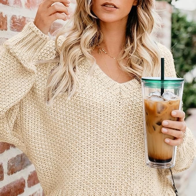 24oz Tumbler with Lid and Straw, Leak Proof and Double Wall Insulated Reusable Plastic Cups,Travel Reusable Iced Coffee Cup (1, Green)