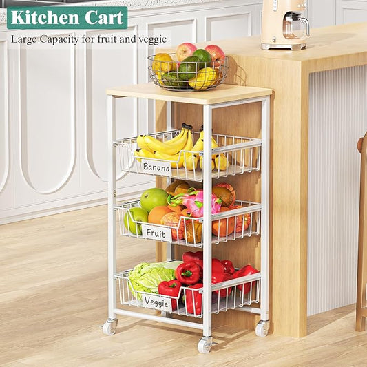 Fruit Vegetable Basket for Kitchen Pantry Storage Organizer, 4-Tier Metal Utility Kitchen Rolling Cart on Wheels with Drawer Rack and Wood Top for Potatoes Onions