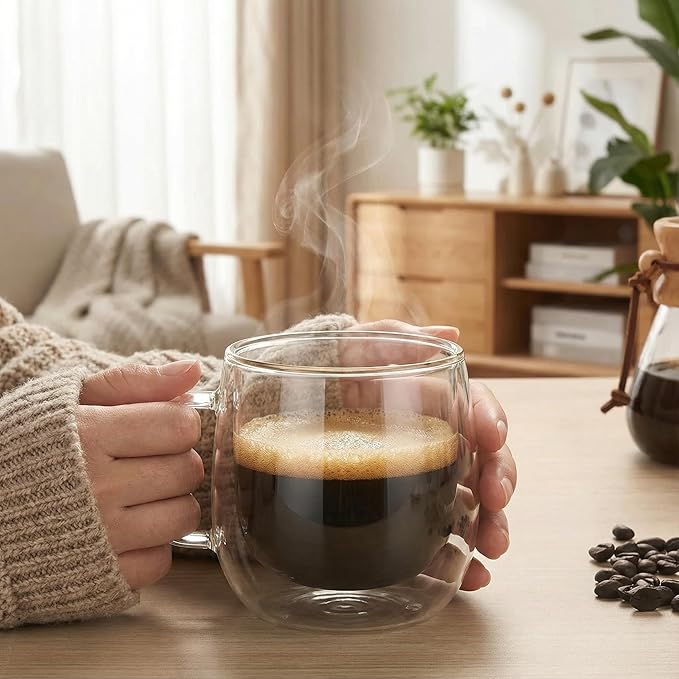 10oz Double Walled Glass Coffee Mugs Set of 2, Clear Insulated Mug for Cappuccino, Latte, Borosilicate Glass Cup, Heat & Cold Resistant Glasses