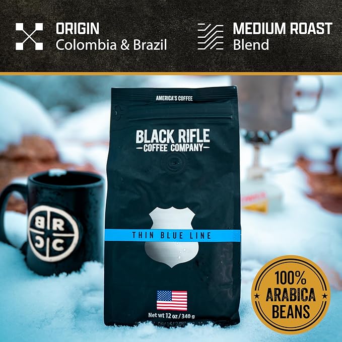 Black Rifle Coffee Company Thin Blue Line, 12oz Bag, Ground Coffee Medium Roast - Roasted Blend Made from Arabica Beans - Colombian & Brazilian Beans - Veteran Founded & American Made