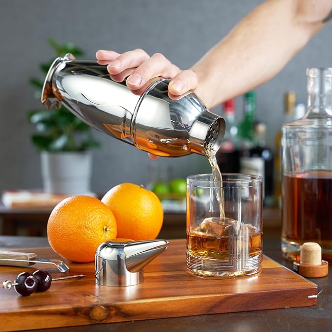 Viski Penguin Cocktail Shaker with Strainer, Stainless Steel Cobbler Shaker for Margaritas, Whiskey Sours & Other Cocktails, Bar Cart Accessories for Home Bars, Cocktail Party Essentials, 17 oz