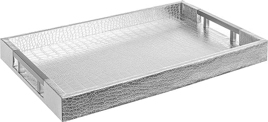 Modern Elegant 17.5"x12" Rectangle Glossy Silver Crocodile Faux Leather Tray Decorative Ottoman Coffee Table Display Perfume Dresser Kitchen Serving Tray with Silver Metal Handles by Home Redefined
