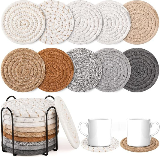 OIAHOMY 10 Pcs Drink Coasters with Holder, Boho Cotton Woven Coaster Set, Absorbent Coaster Protection for Various Cups, Ideal for Coffee Tables Home Decor and Gift, 4.3 Inches,Mixed Yellow