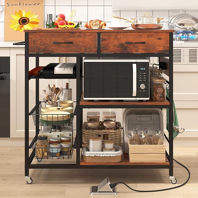 Kitchen Island with Storage,Industrial Kitchen Island on Wheels,Rolling Kitchen Island Cart with Power Outlet,Modern Island Table for Kitchen with Drawers,Shelves and Baskets,Rustic Brown