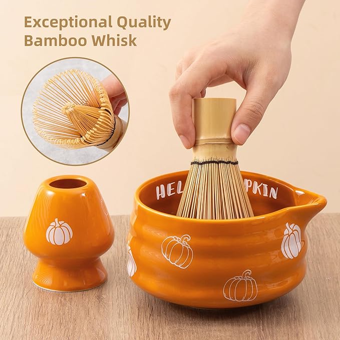 5pcs Pumpkin Matcha Set,Ceramic Bowl with Spout and Bamboo Whisk set, Ceremonical Matcha Kit for breakfast/latte,Tea Starter Making Kit,Unique Matcha Halloween Thanksgiving Gift set (pumpkin)
