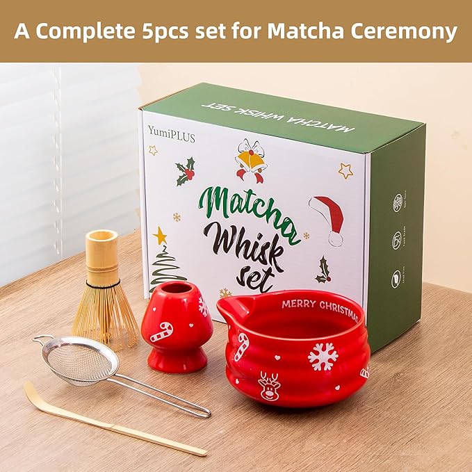 5pcs Premium Matcha Set,Ceramic Bowl with Spout and Bamboo Whisk set, Ceremonical Matcha Kit for holiday,Tea Starter Making Kit,Christmas Matcha Gift set (Reindeer Red)