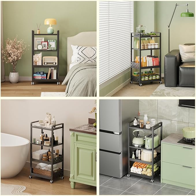 Kitchen Rolling Cart,4 Tier Mobile Utility Snack Cart with Adjustable Shelf, Fruit and Vegetable Storage on Wheels for Kitchen, Bathroom, Office,Coffee Bar Black