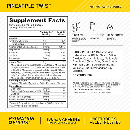 Optimum Nutrition Amino Energy Powder Plus Focus, with BCAA, Electrolytes, and Caffeine, Pineapple Twist, 30 Servings (Packaging May Vary)