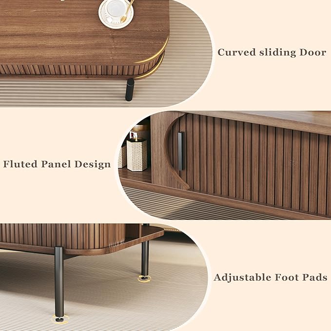 Coffee Table, 47.2" Mid Century Modern Coffee Tables for Living Room, Coffee Table with Storage Open Shelf, Fluted Table with Sliding Cabinet Door, 2-Tier Rustic Wood Desktop, Walnut
