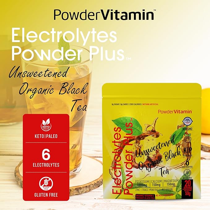 PowderVitamin Electrolytes Powder Plus (20 Servings) Unsweetened Black Tea Electrolyte Powder Keto,SugarFree, Pink Himalayan Salt,1000mgPotassium,150mgCalcium,150mgMagnesium,Hydration Powder NO STEVIA
