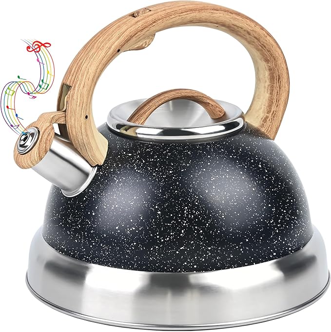 3 Quart Stainless Steel Whistling Tea Kettle – Natural Stone Finish Teapot with Cool-Touch Wood Handle, Loud Whistle & Rust-Resistant Base(black)