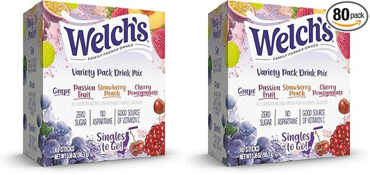 Welch's Singles To Go Variety Pack, Watertok Powdered Drink Mix, Includes 4 Flavors, Grape, Passion fruit, Strawberry Peach, Cherry Pomegranate, 1 Box (40 Servings) (Pack of 2)
