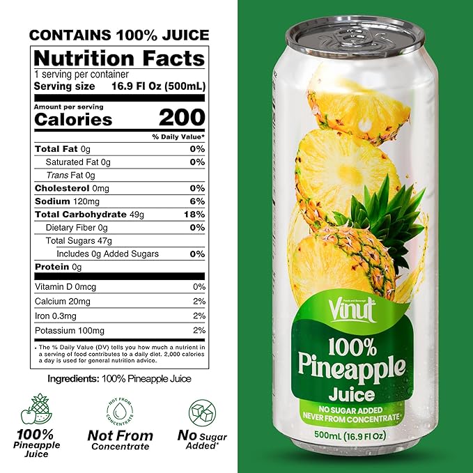 VINUT 100% Pineapple Juice, No Added Sugar, Not From Concentrate, 16.9 fl oz (500 mL) Can, Pack of 12