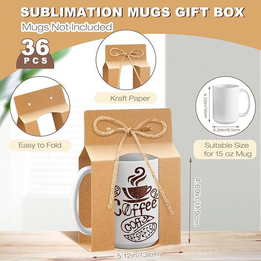 Kosiz 36 Pcs Mug Boxes Sublimation Coffee Mugs Gift Bags with Window Packaging Storage Box for Shipping Selling Wedding Valentines Gift Packaging Wrapping (for 15oz Mug,Brown)