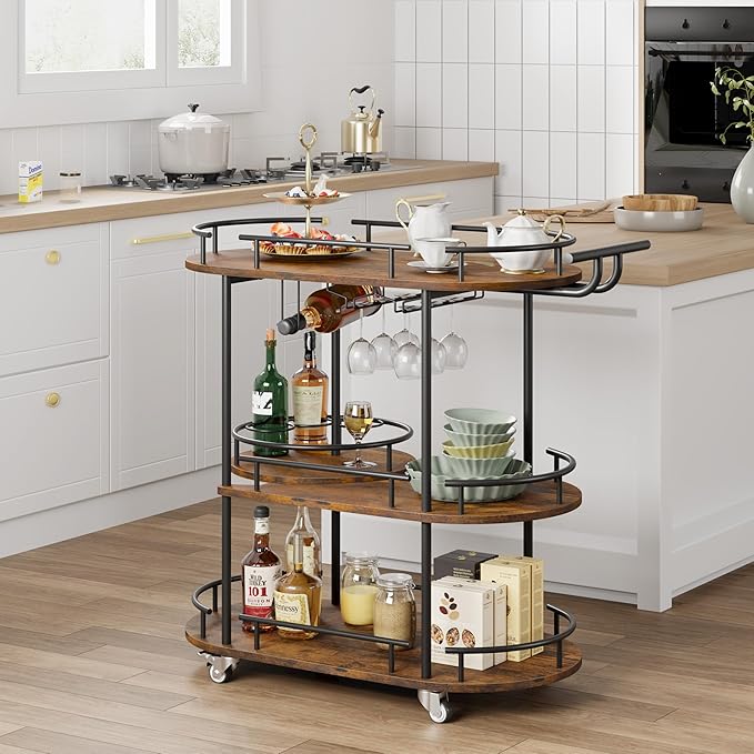 GarveeHome Black Bar Carts with 4-Tiers Storage Shelves，Mobile Bar Seving Carts On Wheels with Wine Rack and Glass Holder for Kitchen, Dining Room, Living Room-Black+Retro Brown