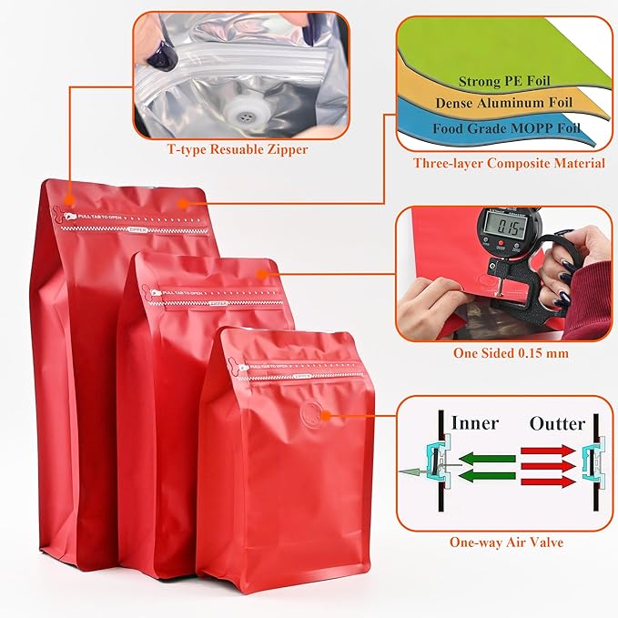 12mil Stand Up Coffee Bags, Flat Bottom Pouch with one-way Air Release Valve and Reusable Side Zipper(Red, 50PCS-Large-2.2lb/32oz/1kg)