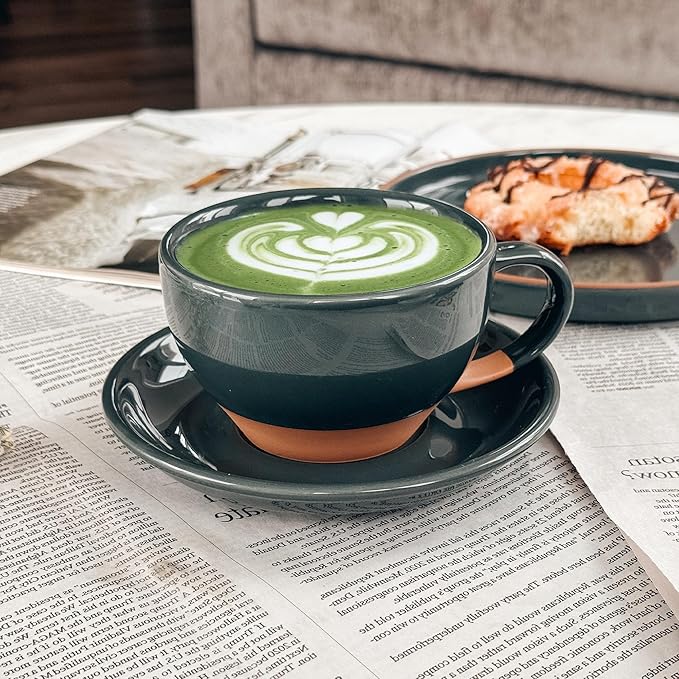 MORA Ceramic Latte Art Mug With Saucer - 10.5 oz, Round Bottom For Perfect Pours - Cafe Cups for Cappuccino, Espresso, Coffee, Tea etc - Porcelain Set for Baristas, Great Gift - Charcoal